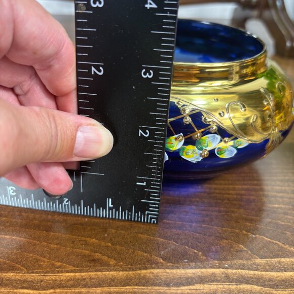 Vintage Cobalt Blue Glass Vanity Jar with Lid Gold Enamel Floral Bohemian Jar - Picture 11 of 14